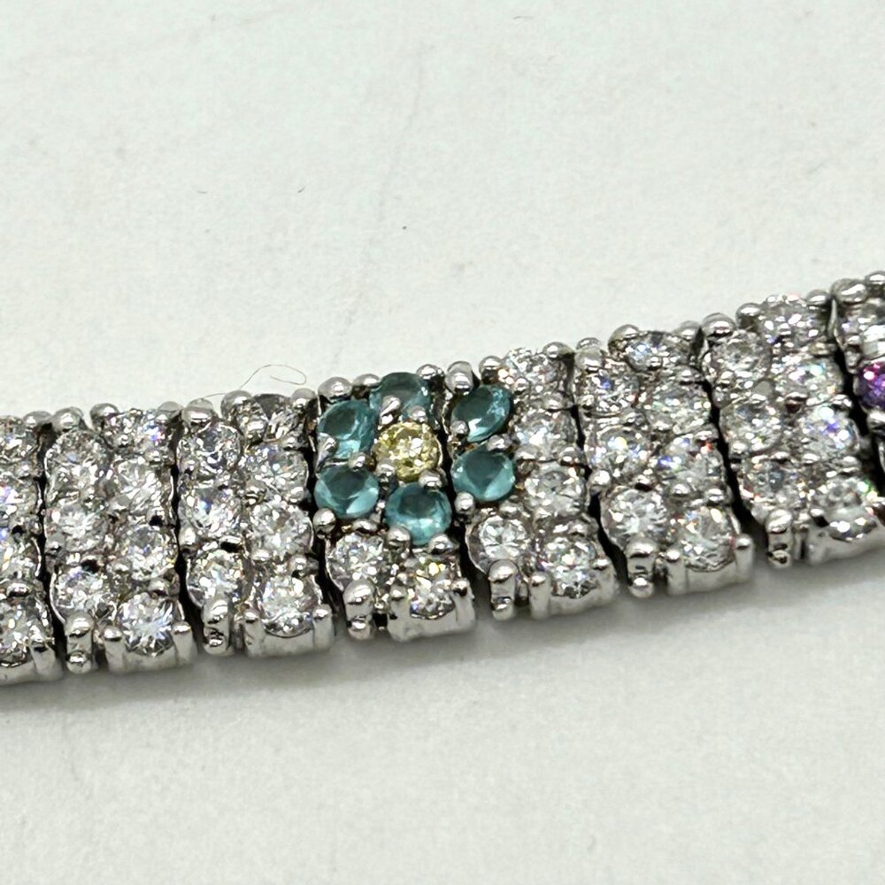 Vintage Rhinestone Tennis Bracelet Multicolor Flower Design W/ Safety Clasp 7.5" - Picture 5 of 16